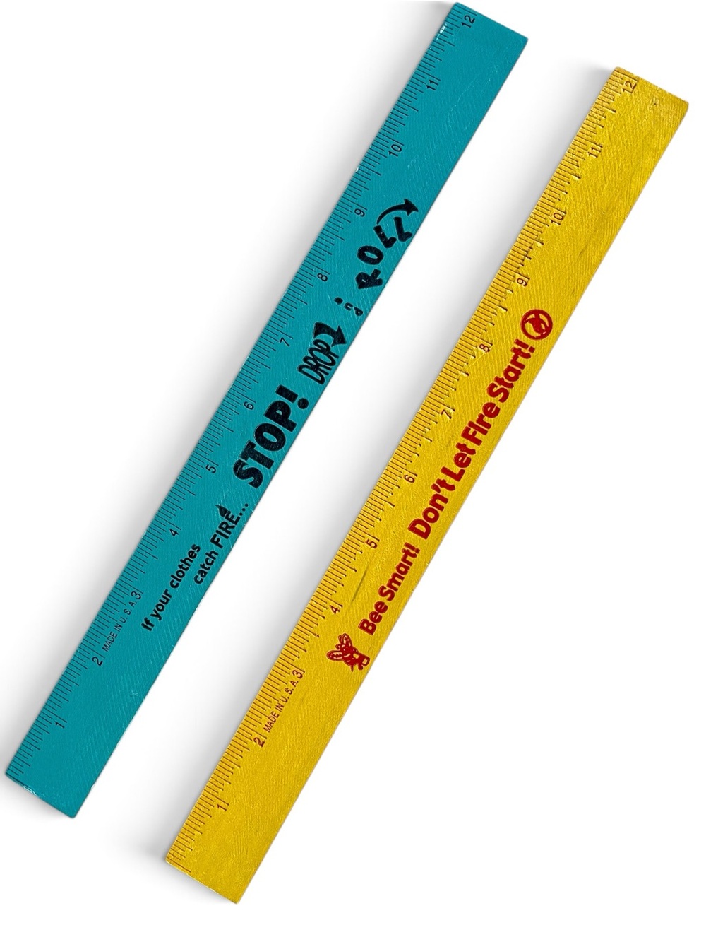 Vintage Bee Safe Stop Drop Roll Fire Safety Promotional Painted Wood Rulers